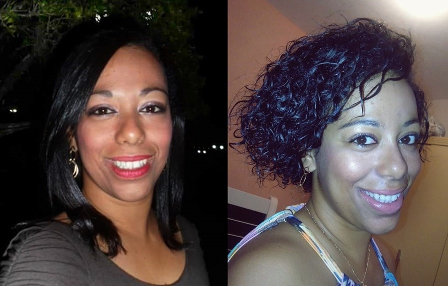 Jeniffer Souza, 29 anos, 1 ano e 9 meses de transição. Foto 1: último alisamento em 2014. Foto 2: cabelo em transição (atualmente) 