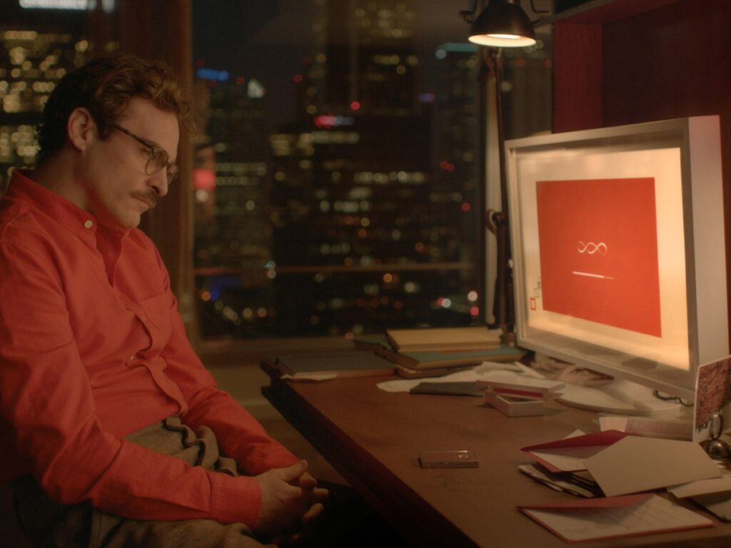 Filme Her (Ela) onde homem se apaixona por sua assistente virtual IA.