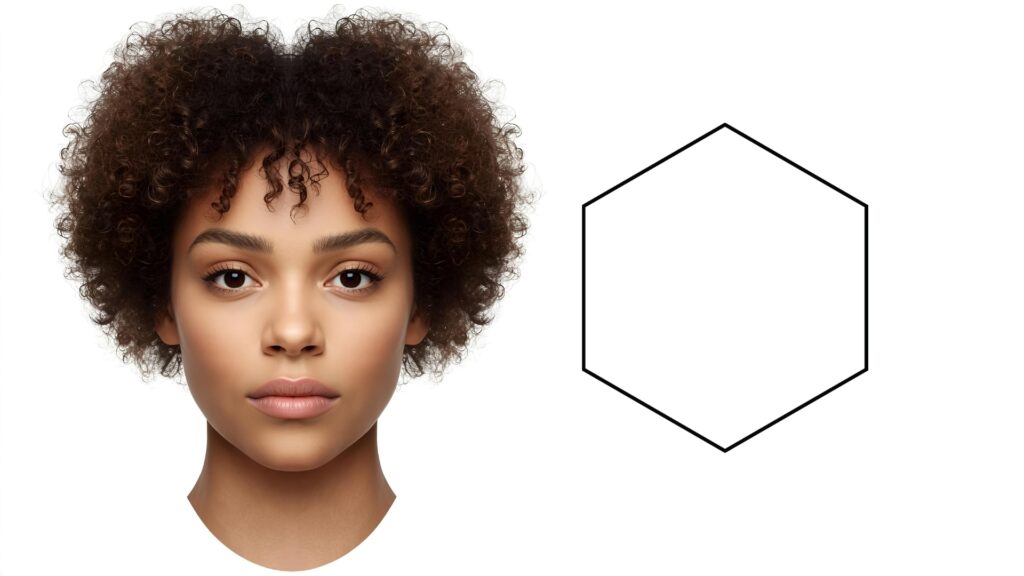 Corte visagista para cabelos cacheados: exemplo de rosto hexagonal de lateral reta, mulher com cabelo cacheado e rosto hexagonal