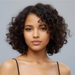 Corte cabelo cacheado 3A curto em camadas médias. Neste aqui, o corte segue a linha losangular