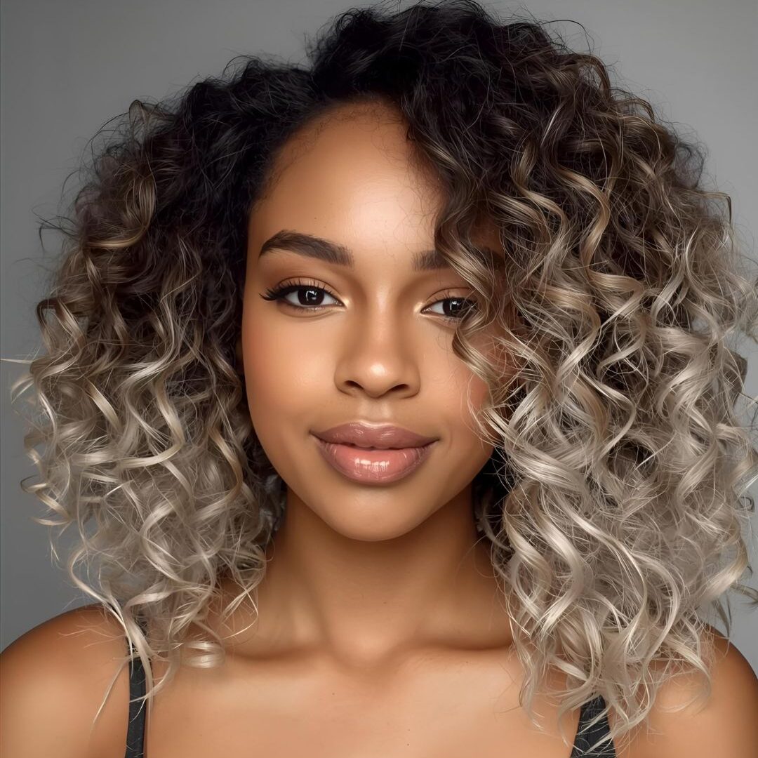 Louro cloud dancer em cabelo cacheado