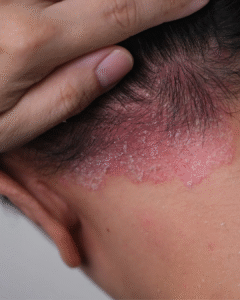 Lesão psoríase no couro cabeludo na nuca