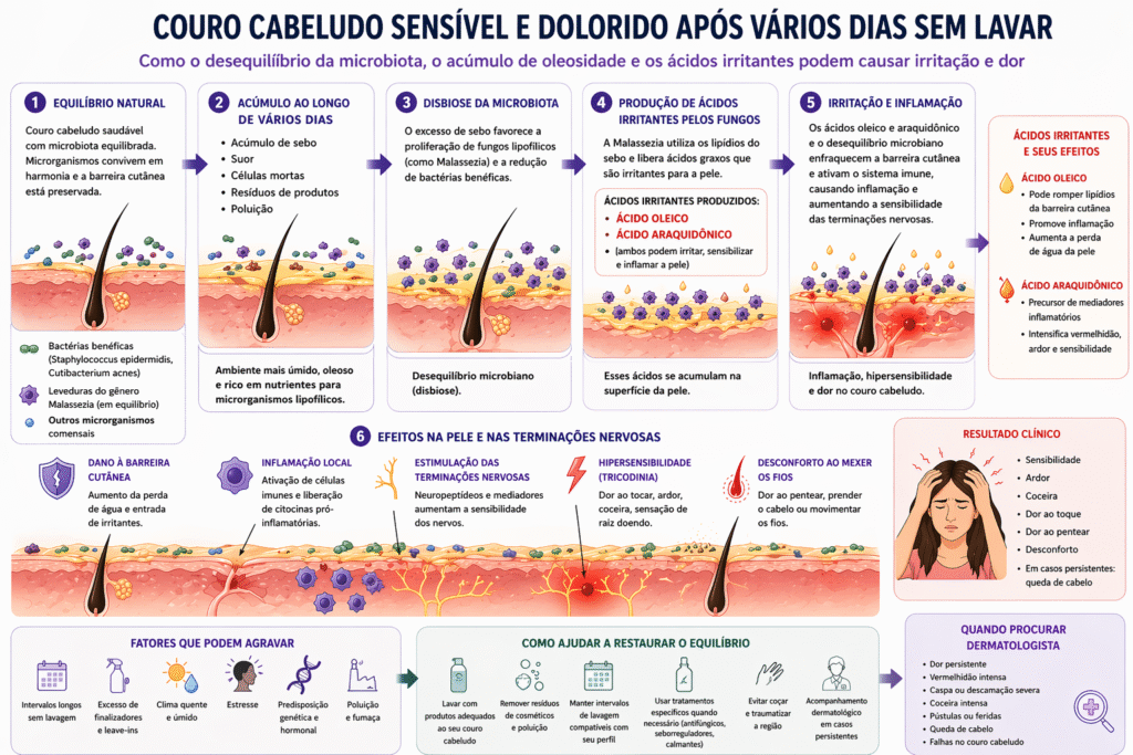 couro cabeludo dolorido depois de ficar sem lavar esquema ilustrativo
